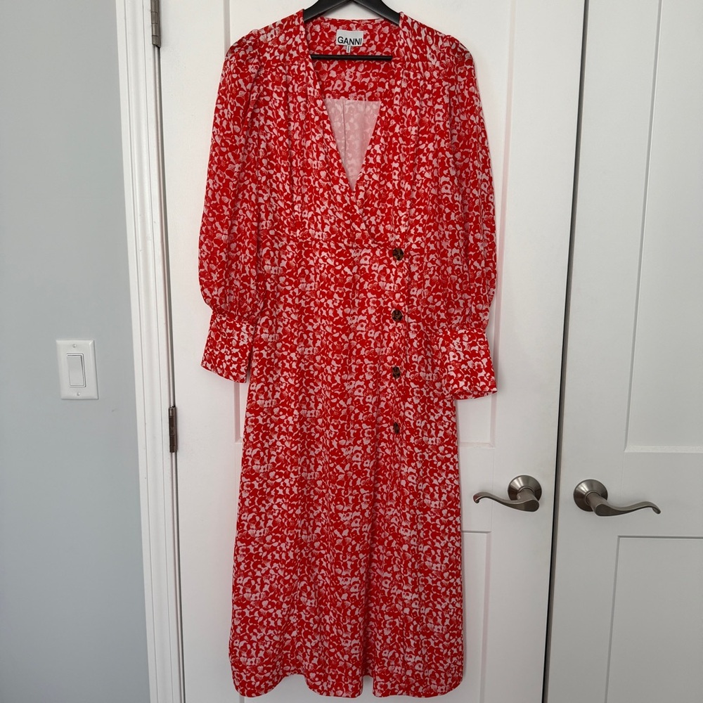 Ganni Floral Print Wrap-Front Long Sleeve Crepe Midi Dress - 42